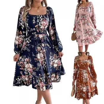 Женская модная юбка А-силуэта с цветочным принтом, квадратным вырезом и длинными рукавами L коричневый