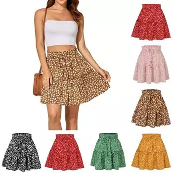 Женская модная юбка с высокой талией и принтом, короткая юбка А-силуэта с цветочным принтом для женщин L чёрный