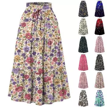 Женская модная юбка свободного покроя с цветочным принтом и эластичным поясом без карманов L бежевый