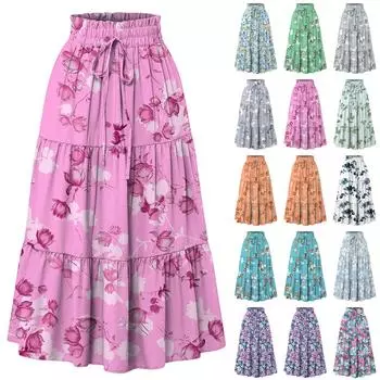 Женская модная юбка свободного покроя с цветочным принтом и эластичным поясом без карманов L жёлтый