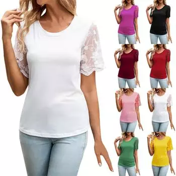 Женская модная, удобная и повседневная футболка с короткими рукавами из кружева в стиле темперамент L чёрный