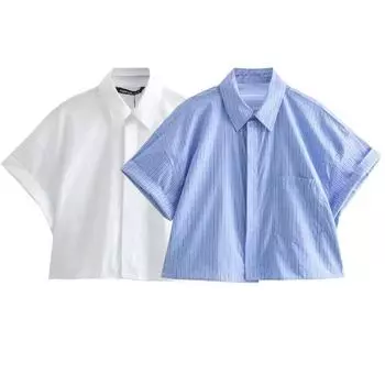 Женская модная укороченная рубашка из поплина, женская повседневная рубашка с лацканами и коротким рукавом, карман на пуговицах спереди, универсальный женский топ XS baby голубой