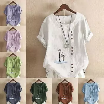 Женская модная уличная лампа с принтом, круглым вырезом, коротким рукавом, футболка, повседневная, хлопковая, льняная, с рисунком, свободная летняя блузка, топы S розовый