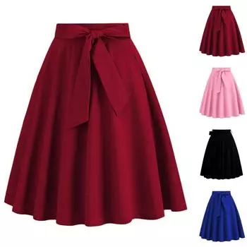 Женская модная универсальная однотонная юбка с поясом естественного цвета на талии и широкой юбкой-солнце L чёрный