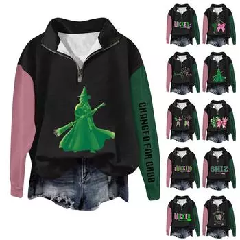 Женская модная универсальная толстовка с длинными рукавами и принтом ведьмы на молнии L армия зеленый