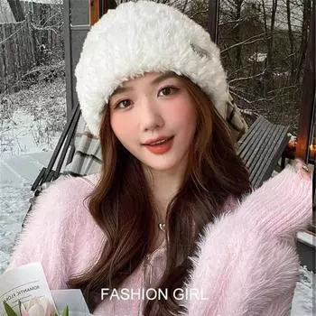 Женская модная универсальная зимняя утепленная вязаная плюшевая шапка с защитой от холода, женская корейская флисовая подкладка, защита ушей, велосипедная шапка