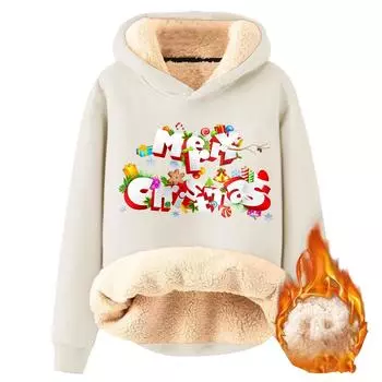 Женская модная утепленная толстовка с капюшоном и рождественским принтом L бежевый