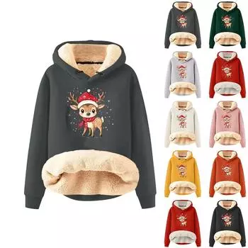 Женская модная утепленная толстовка с капюшоном и рождественским принтом XL бежевый