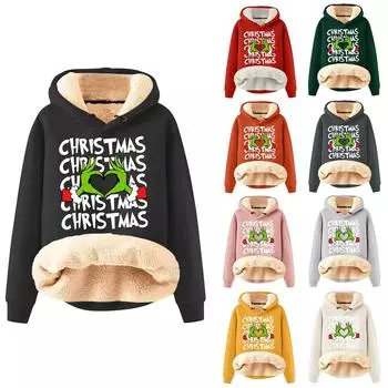 Женская модная утепленная толстовка с капюшоном и рождественским принтом XL чёрный