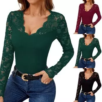 Женская модная веерообразная футболка с V-образным вырезом и кружевным лоскутным узором, облегающая футболка с длинными рукавами L чёрный