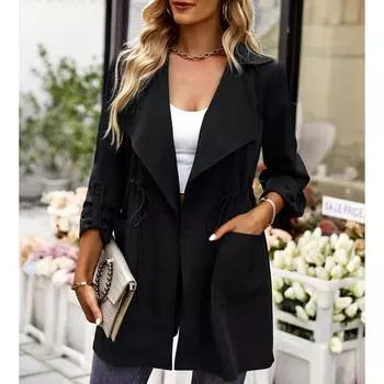 Женская модная вельветовая однотонная повседневная свободная куртка с длинными рукавами, пальто, Тренч чёрный