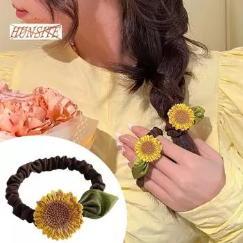 Женская модная веревка для волос, высокая эластичность, эластичная лента, пасторальный стиль, подсолнух, декоративный моющийся держатель для хвоста, аксессуары для волос для толстого кишечника Sunflower