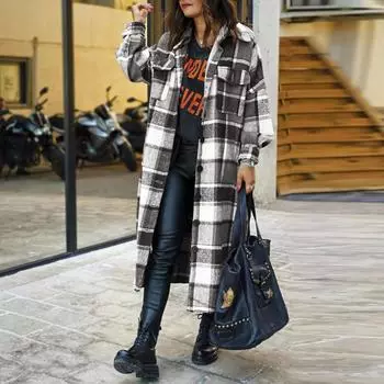 Женская модная верхняя одежда с клетчатым принтом и длинными рукавами с лацканами, длинная куртка, плащ S
