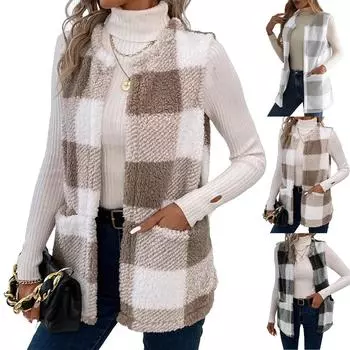 Женская модная верхняя одежда свободный клетчатый кардиган свитер L чёрный