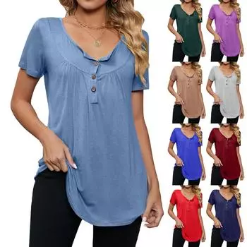 Женская модная весенне-летняя плиссированная футболка на пуговицах с v-образным вырезом, свободная однотонная повседневная футболка с короткими рукавами и ласточкой, топ XXL белый