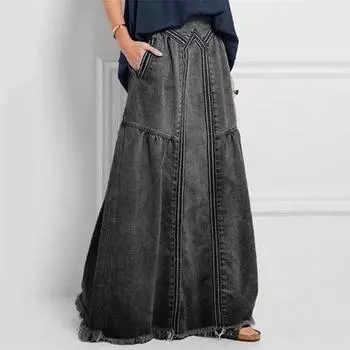 Женская модная весенне-осенняя юбка больших размеров, однотонная повседневная джинсовая юбка до щиколотки с высокой талией 3XL чёрный