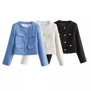 Женская модная весенняя куртка с карманами и флипом, однобортные твидовые короткие пальто с круглым вырезом, шикарные женские топы XS белый