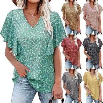 Женская модная винтажная футболка с цветочным принтом и складками, V-образным вырезом, короткими рукавами и оборками, топ темперамент S чёрный