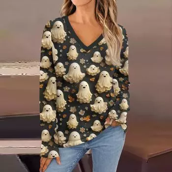 Женская модная винтажная футболка с длинным рукавом и V-образным вырезом в тон цвета осени L тёмно-синий