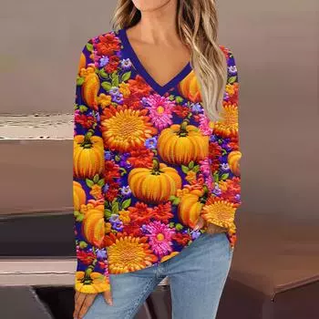 Женская модная винтажная футболка с длинным рукавом и V-образным вырезом в тон цвета осени L