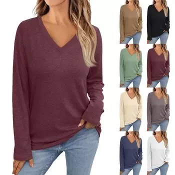 Женская модная винтажная футболка с длинным рукавом и V-образным вырезом в тон цвета осени L верблюд