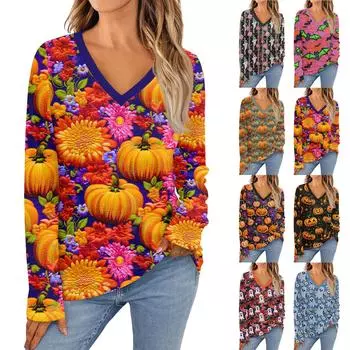 Женская модная винтажная футболка с длинным рукавом и V-образным вырезом в тон цвета осени M фиолетовый