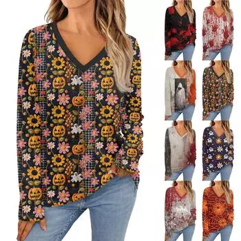 Женская модная винтажная футболка с длинным рукавом и V-образным вырезом в тон цвета осени S красный