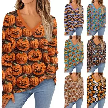 Женская модная винтажная футболка с длинным рукавом и V-образным вырезом в тон цвета осени XXL