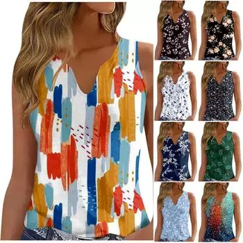 Женская модная винтажная повседневная футболка без рукавов с цветочным принтом и круглым вырезом, майка XXL синий