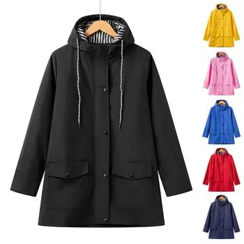 Женская модная водонепроницаемая ветровка средней длины с капюшоном, куртка большого размера L чёрный