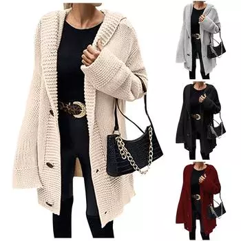 Женская модная вязаная однотонная куртка-свитер средней длины с капюшоном и пуговицами XL винный