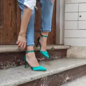 Женская модная зеленая атласная обувь на каблуке 9 см цвета шампанского на каблуке