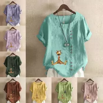 Женская модная желтая футболка с коротким рукавом с принтом кота, свободная хлопковая рубашка, повседневная свободная летняя блузка, топы больших размеров S розовый