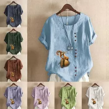 Женская модная желтая футболка с круглым вырезом и коротким рукавом с принтом ласка, повседневная рубашка из хлопка и льна с рисунком, свободная летняя блузка для отдыха, топы S розовый