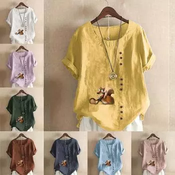 Женская модная желтая футболка с круглым вырезом и коротким рукавом с принтом ласка, повседневная рубашка из хлопка и льна с рисунком, свободная летняя блузка для отдыха, топы S розовый