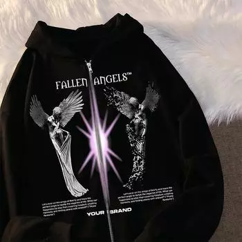 Женская модная зимняя куртка с капюшоном и принтом на молнии с длинными рукавами, толстовки с капюшоном, одежда Y2K, толстовки на молнии S чёрный