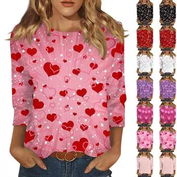 Женская модная зимняя повседневная футболка с круглым вырезом и принтом в полоску ко Дню святого Валентина, рукав три четверти, женская одежда XXL чёрный