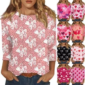 Женская модная зимняя повседневная футболка с круглым вырезом и принтом в полоску ко Дню святого Валентина, рукав три четверти, женская одежда L красный