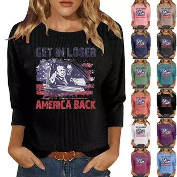 Женская модная зимняя повседневная футболка с круглым вырезом и полосатым принтом, рукав три четверти, женская одежда L чёрный