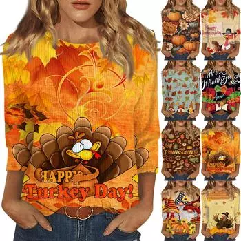 Женская модная зимняя повседневная футболка с круглым вырезом и принтом в полоску с надписью «День благодарения» с рукавом три четверти Женская одежда L