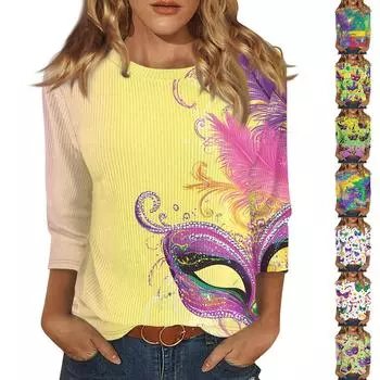 Женская модная зимняя повседневная футболка с круглым вырезом и принтом в полоску с карнавальным принтом и рукавом три четверти Женская одежда XXL