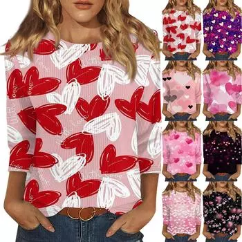 Женская модная зимняя повседневная футболка с круглым вырезом и принтом в полоску ко Дню святого Валентина, рукав три четверти, женская одежда XXL