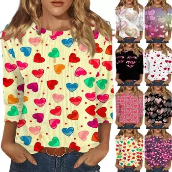 Женская модная зимняя повседневная футболка с круглым вырезом и принтом в полоску ко Дню святого Валентина, рукав три четверти, женская одежда M