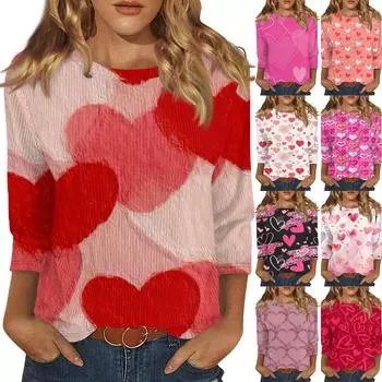 Женская модная зимняя повседневная футболка с круглым вырезом и принтом в полоску ко Дню святого Валентина, рукав три четверти, женская одежда XL розовый