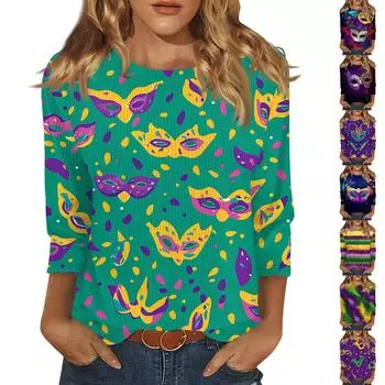 Женская модная зимняя повседневная футболка с круглым вырезом и принтом в полоску с карнавальным принтом и рукавом три четверти Женская одежда XXXL жёлтый