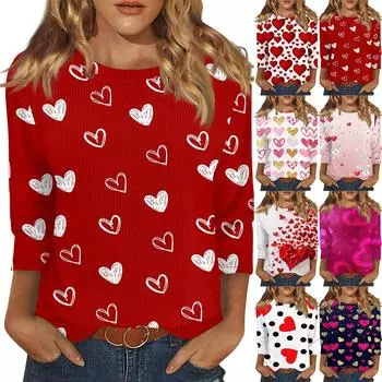 Женская модная зимняя повседневная футболка с круглым вырезом и принтом в полоску ко Дню святого Валентина, рукав три четверти, женская одежда XL