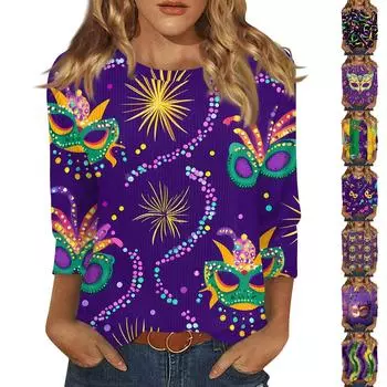 Женская модная зимняя повседневная футболка с круглым вырезом и принтом в полоску с карнавальным принтом и рукавом три четверти Женская одежда L