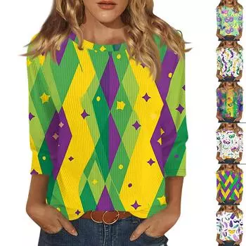 Женская модная зимняя повседневная футболка с круглым вырезом и принтом в полоску с карнавальным принтом и рукавом три четверти Женская одежда M бежевый