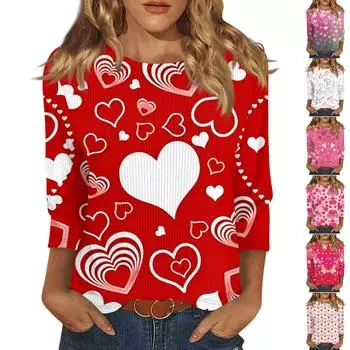 Женская модная зимняя повседневная футболка с круглым вырезом и принтом в полоску ко Дню святого Валентина, рукав три четверти, женская одежда L