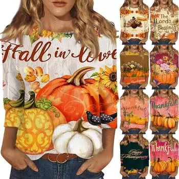 Женская модная зимняя повседневная футболка с круглым вырезом и принтом в полоску с надписью «День благодарения» с рукавом три четверти Женская одежда S